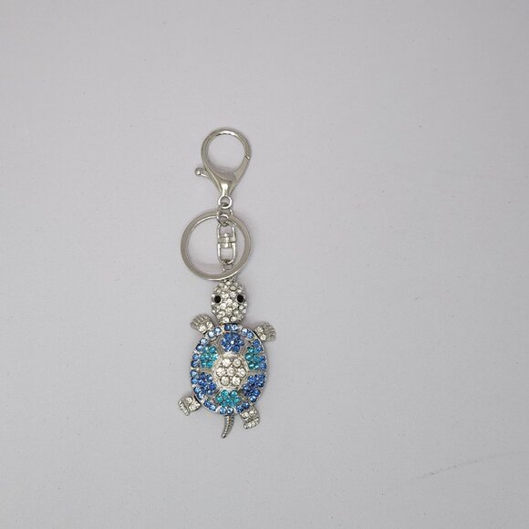 Bling Turtle Keychain Purse Charm Rhinestone Crystal Blue Green Silver Tortoise - Picture 2 of 4